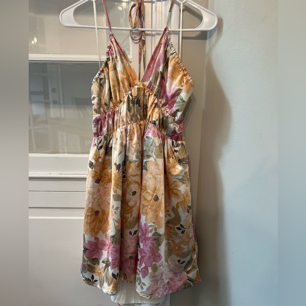 Showpo Floral Halter Mini Dress in Pink and Gold - Picture 4 of 7